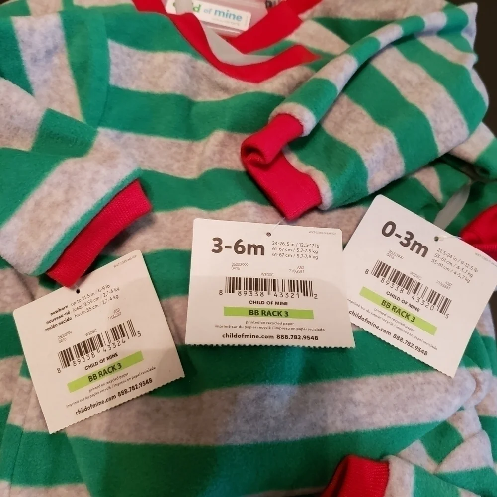 Lot of 4 - Child of Mine Carters Santa Footed Pajama Green Grey Infant 3 sizes